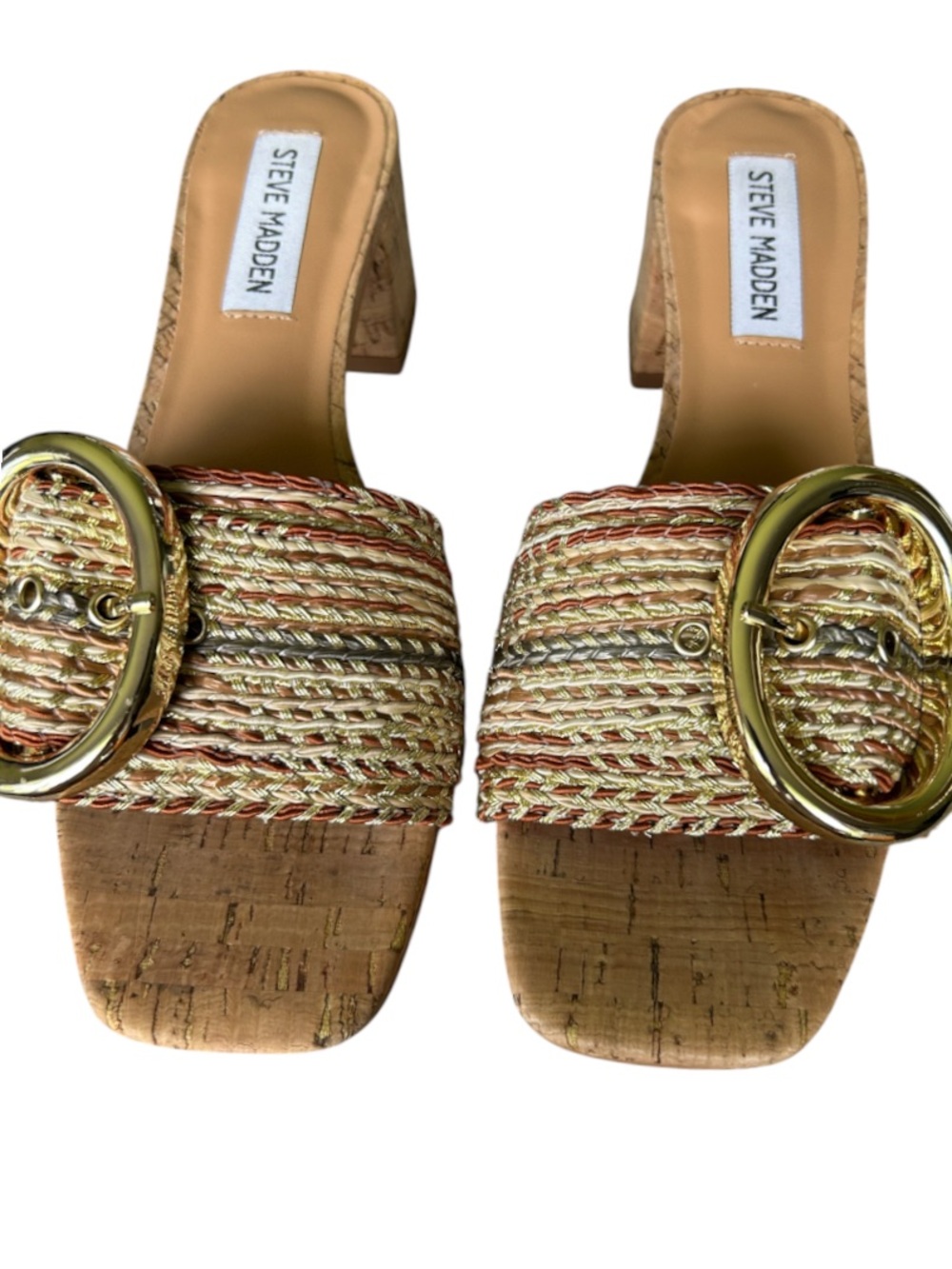 Steve Madden Seacrest Gold Multi Raffia Cork Block Heel Sandals Excellent 6.5 - Picture 7 of 10